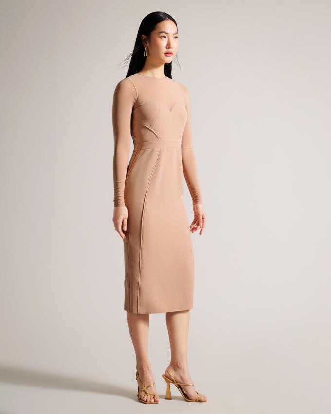 Peignoir Ted Baker Bodycon Midi With Sheer Sleeves Beige Femme | BYL-03739525